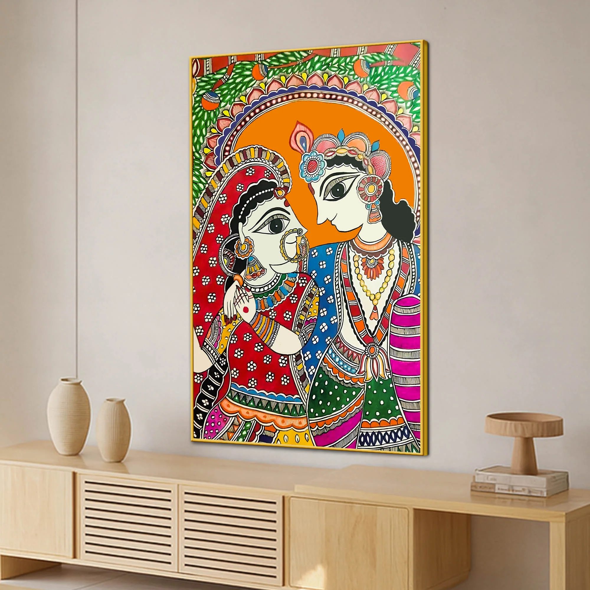 Radha Krishna Love Madhubani Style Canvas Wall Painting - Image 3