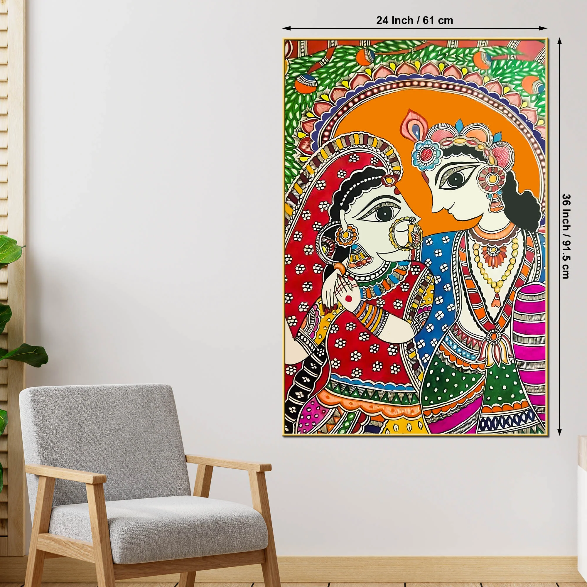 Radha Krishna Love Madhubani Style Canvas Wall Painting - Image 5