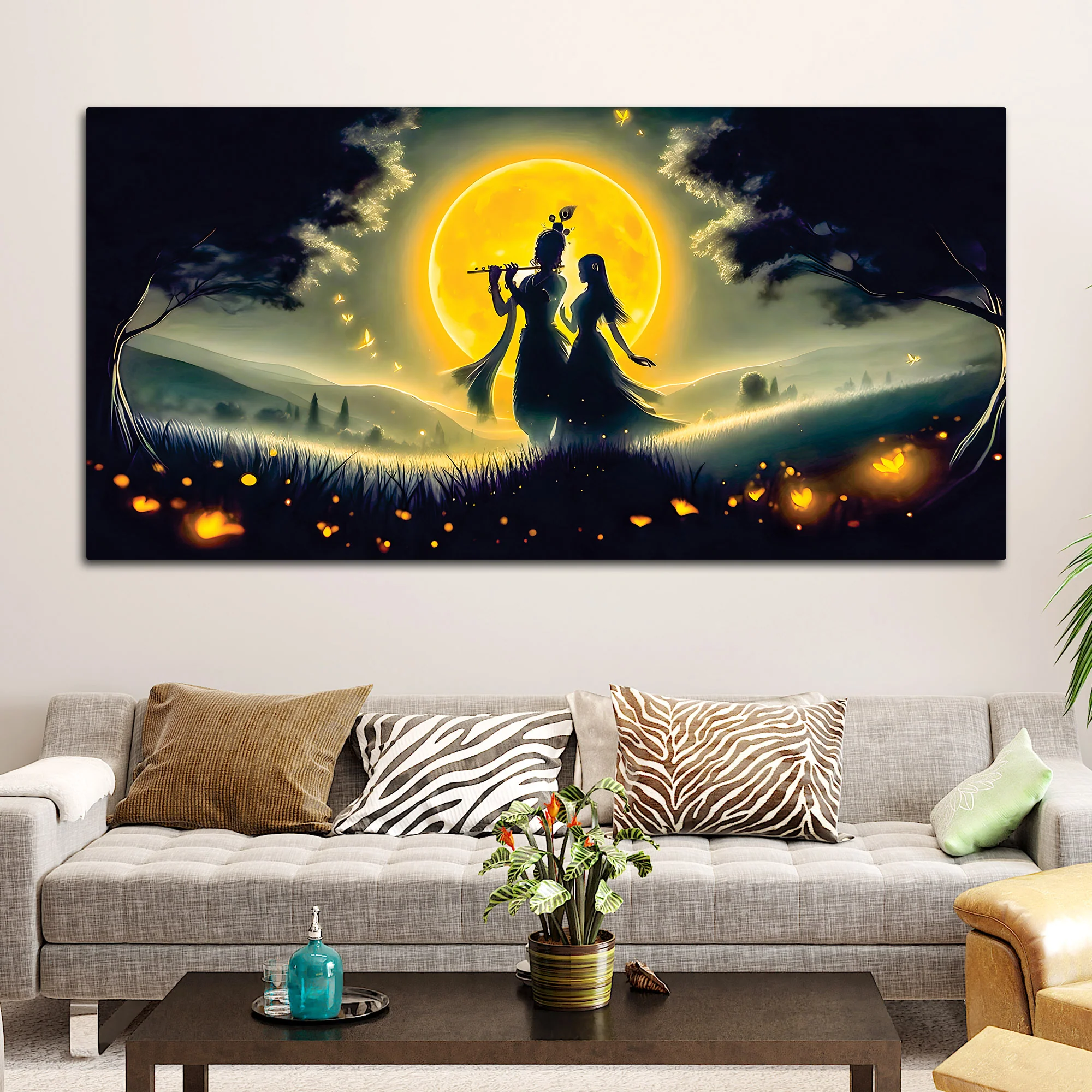 Radha Krishna Moonlight Devotional Painting Wall Art - Image 3