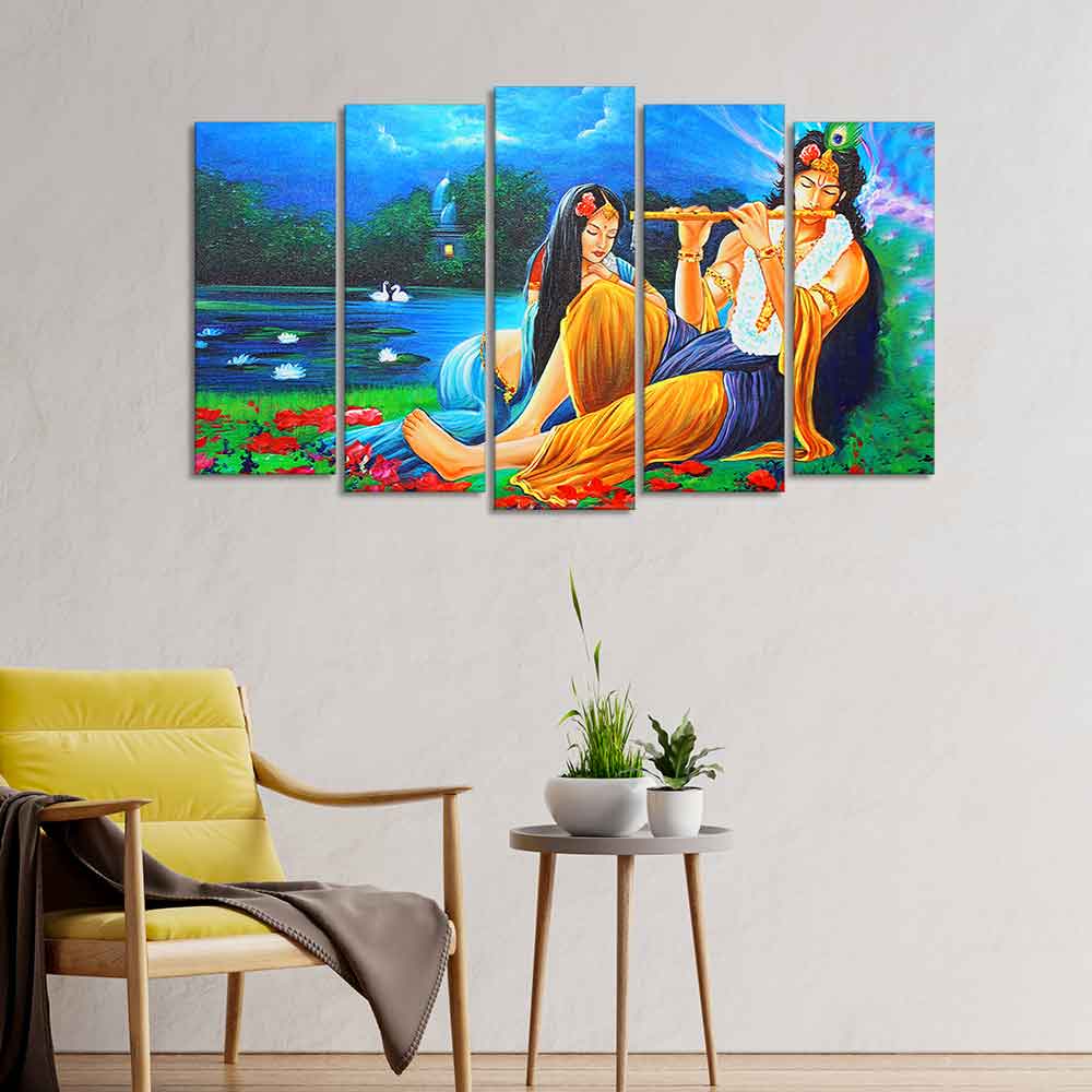 Radha Krishna Painting Set of Five Pieces Canvas Wall Painting - Image 3