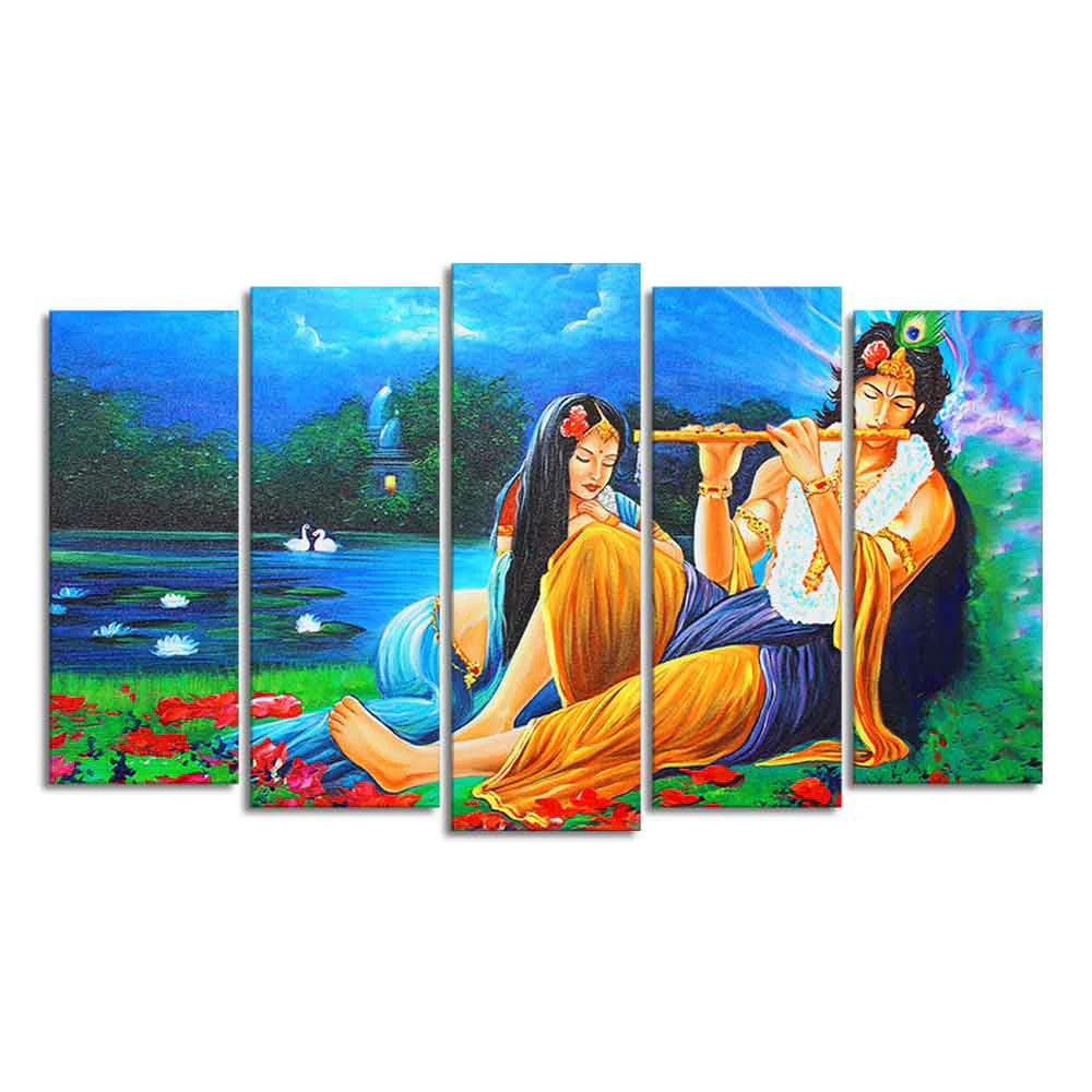 Radha Krishna Painting Set of Five Pieces Canvas Wall Painting - Image 4