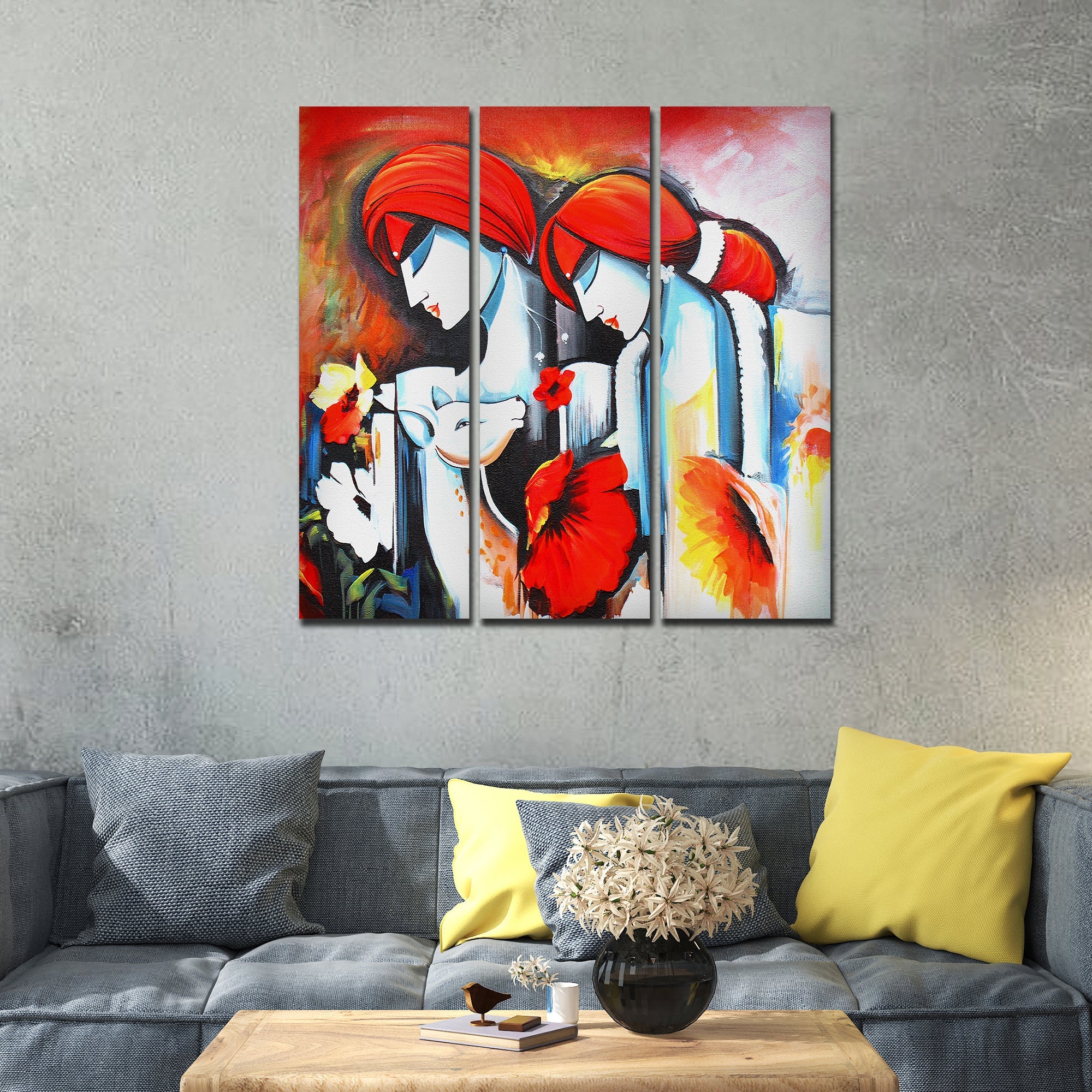 Radha Krishna Painting Wall Canvas Modern Art 3 Panels - Image 3