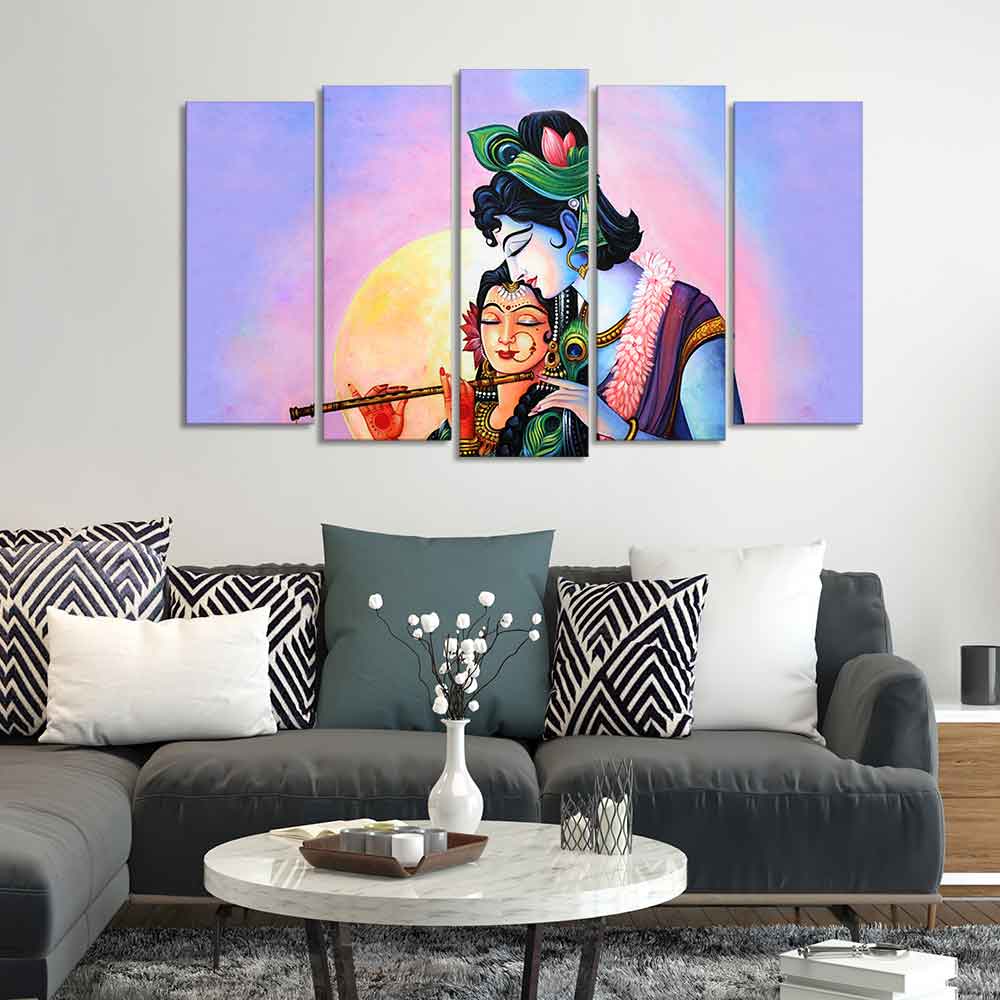 Radha Krishna Playing Flute Canvas Wall Painting Set of Five Panels - Image 2