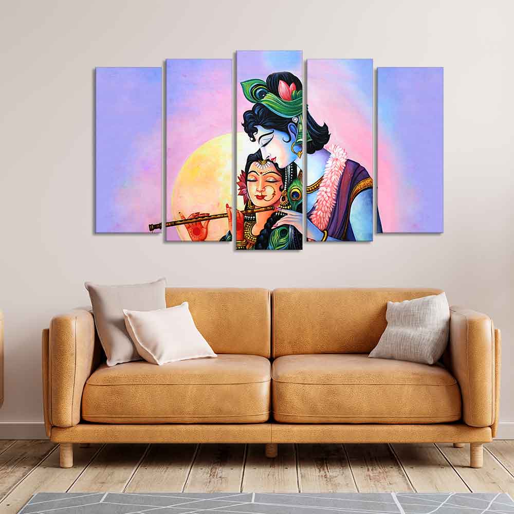Radha Krishna Playing Flute Canvas Wall Painting Set of Five Panels - Image 3