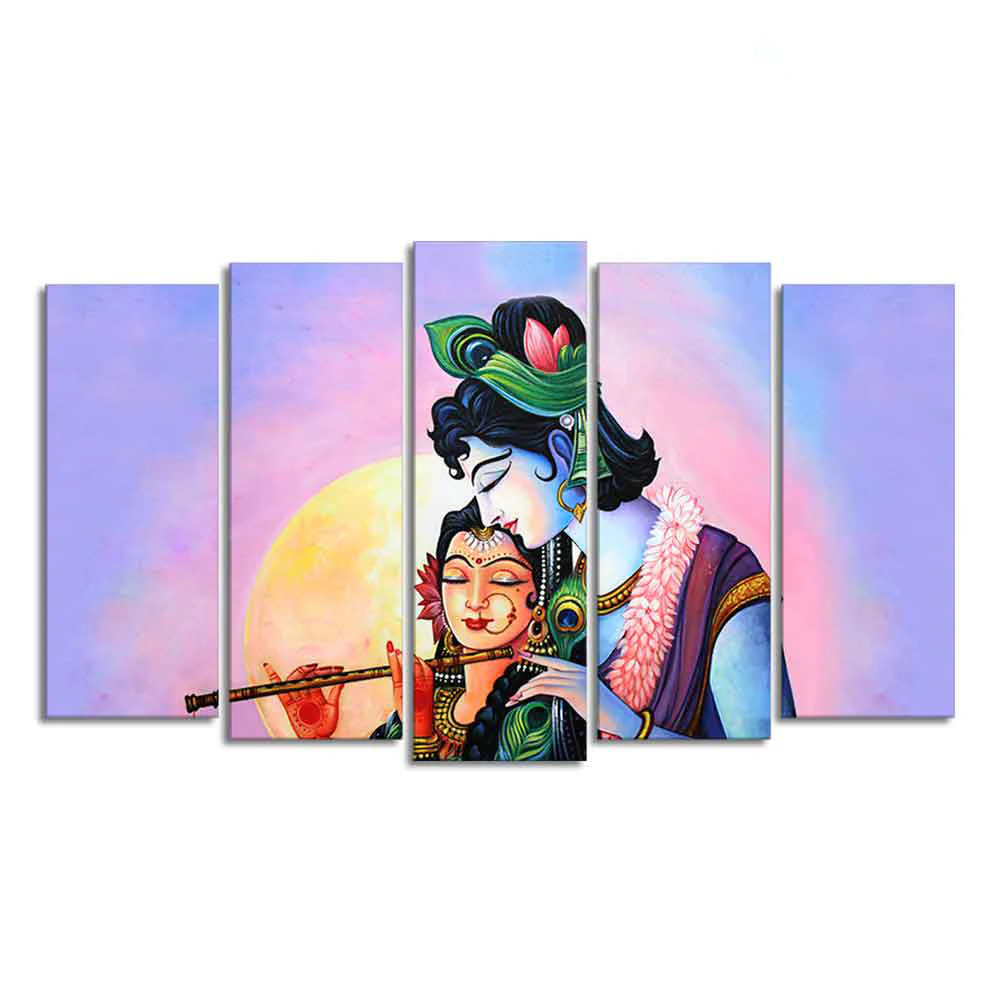 Radha Krishna Playing Flute Canvas Wall Painting Set of Five Panels - Image 4