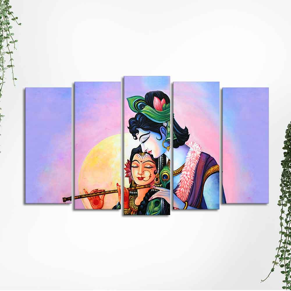 Radha Krishna Playing Flute Canvas Wall Painting Set of Five Panels - Image 5