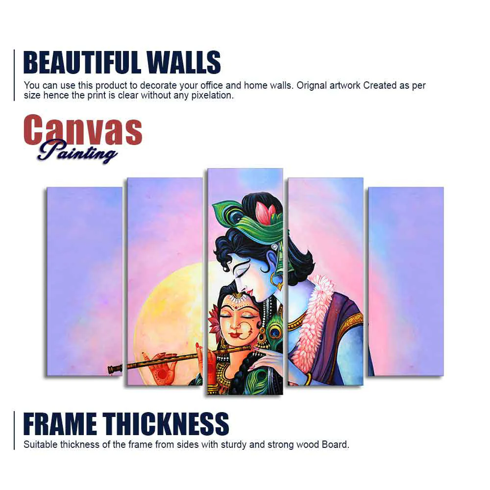 Radha Krishna Playing Flute Canvas Wall Painting Set of Five Panels - Image 6