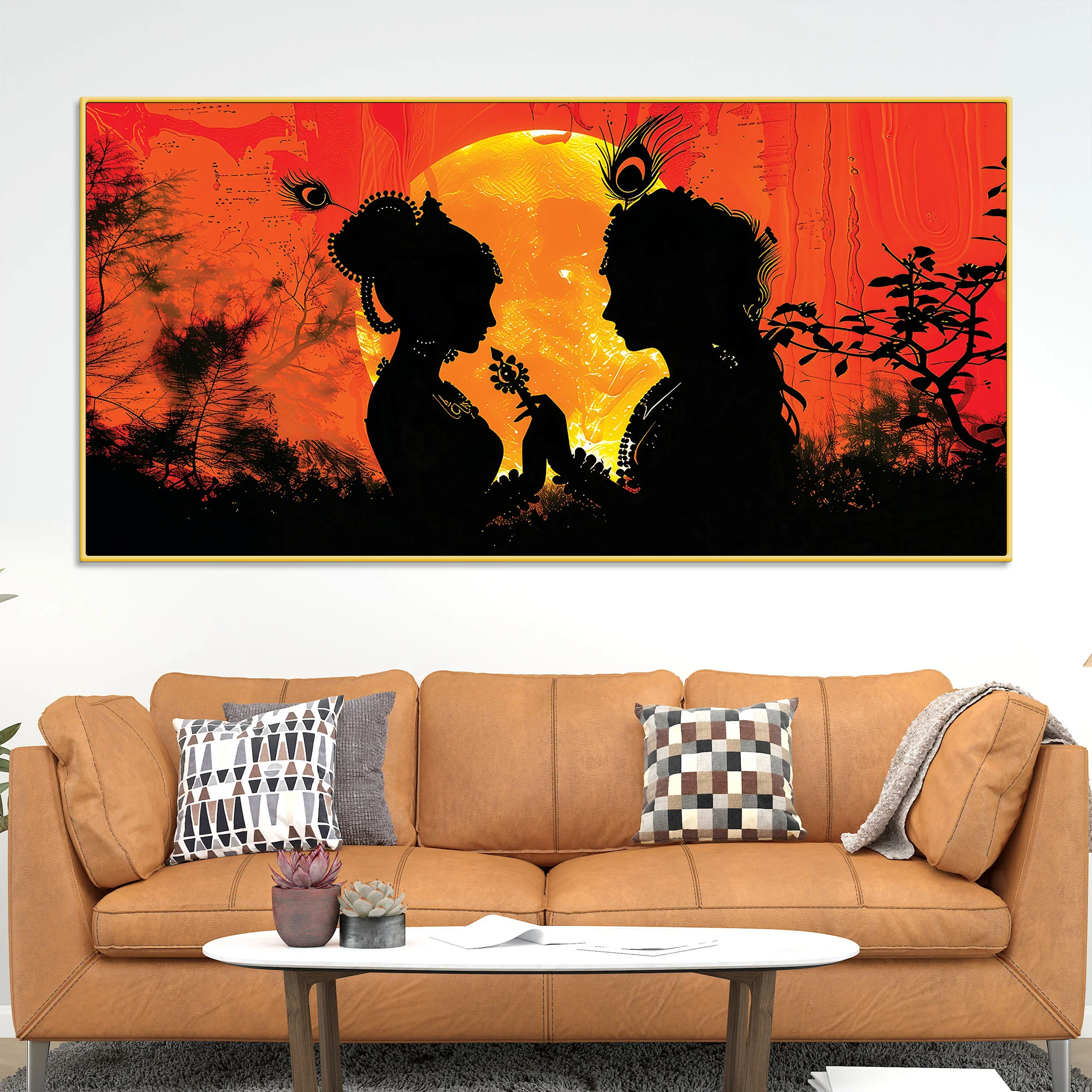 Radha Krishna Sunset Silhouette Devotional Painting