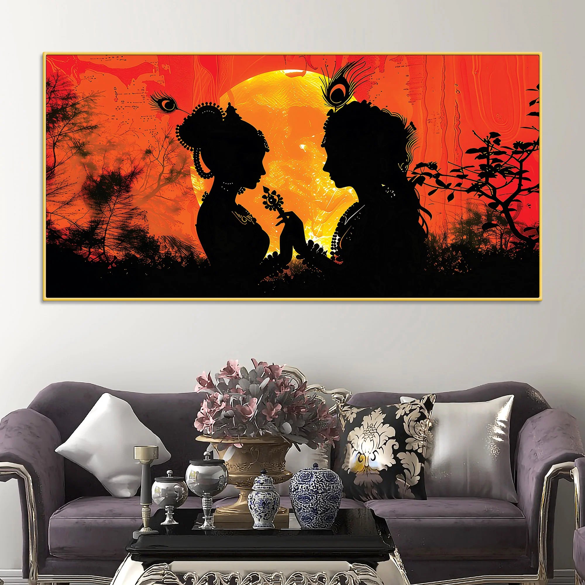 Radha Krishna Sunset Silhouette Devotional Painting - Image 2