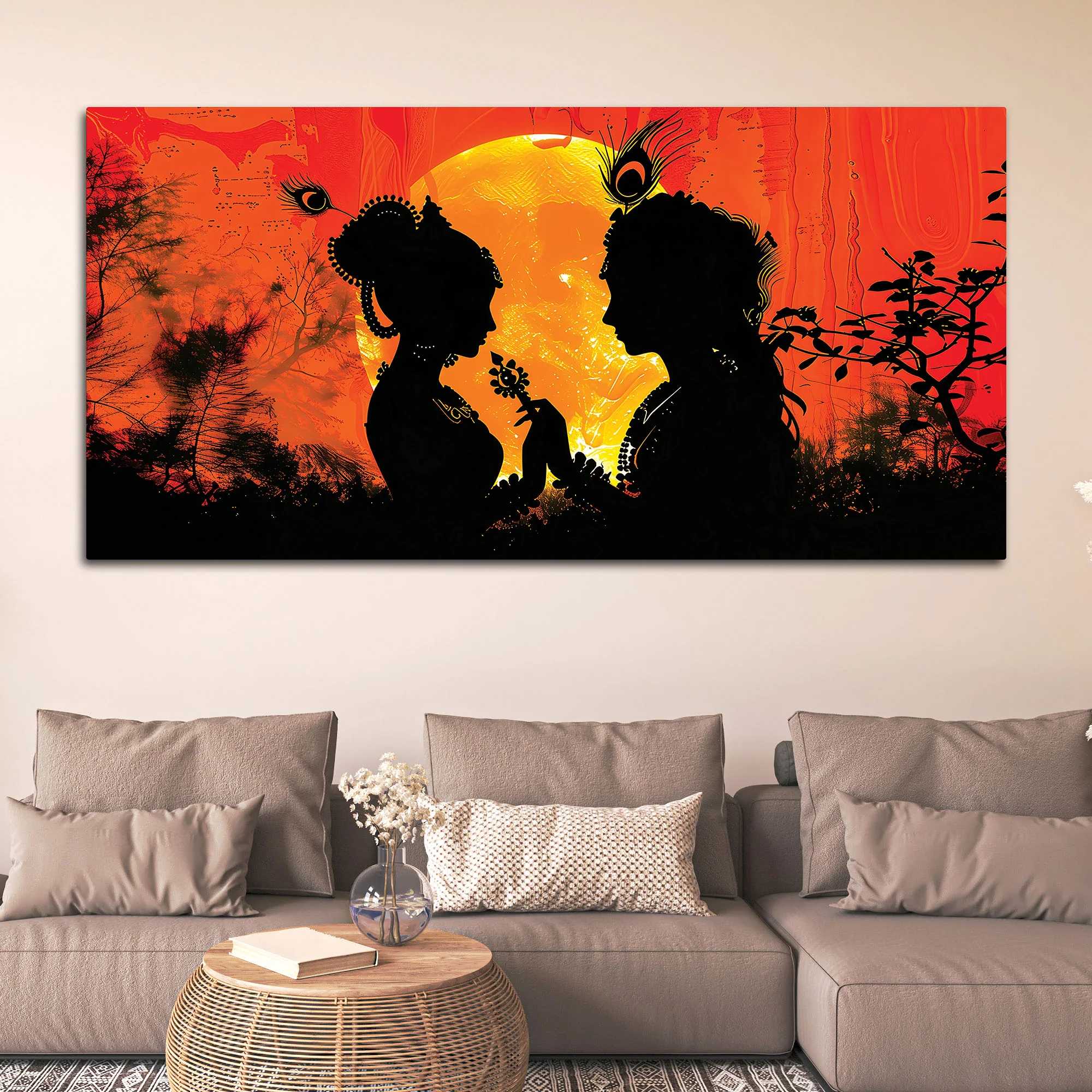 Radha Krishna Sunset Silhouette Devotional Painting - Image 3