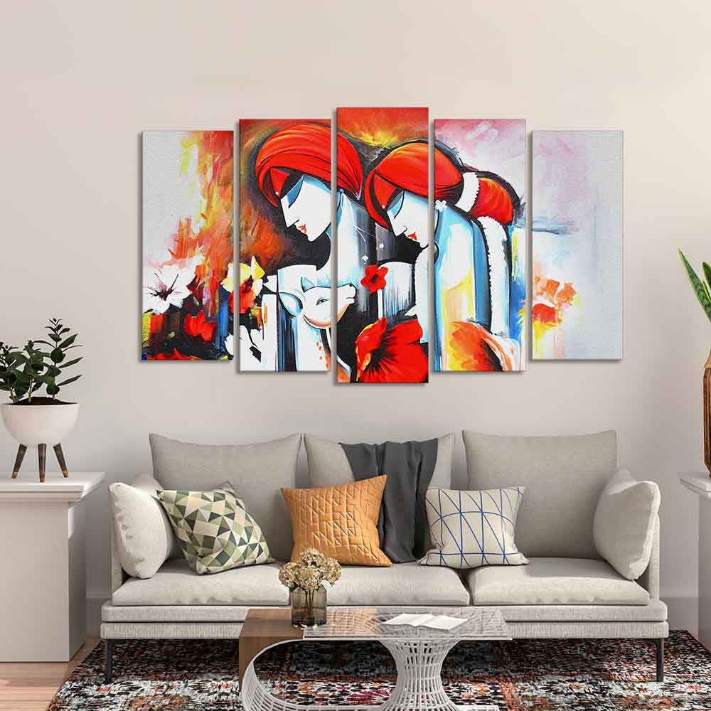 Radha Krishna Wall Painting Canvas of Five Panels - Image 2