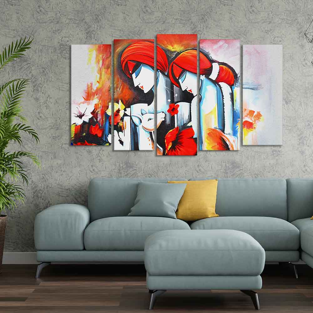 Radha Krishna Wall Painting Canvas of Five Panels - Image 3