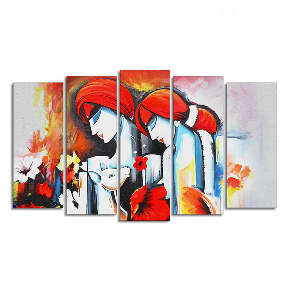Radha Krishna Wall Painting Canvas of Five Panels - Image 4