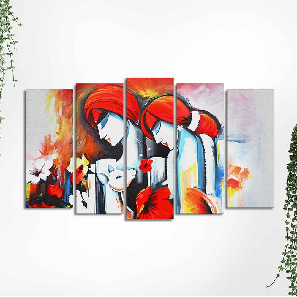Radha Krishna Wall Painting Canvas of Five Panels - Image 5