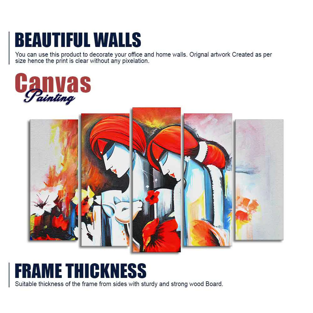 Radha Krishna Wall Painting Canvas of Five Panels - Image 6
