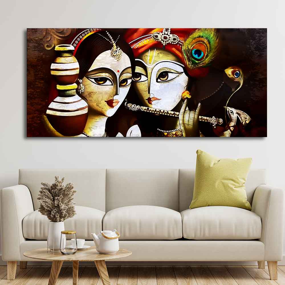 Radha Krishna With Flute Large Canvas Wall Painting - Image 3
