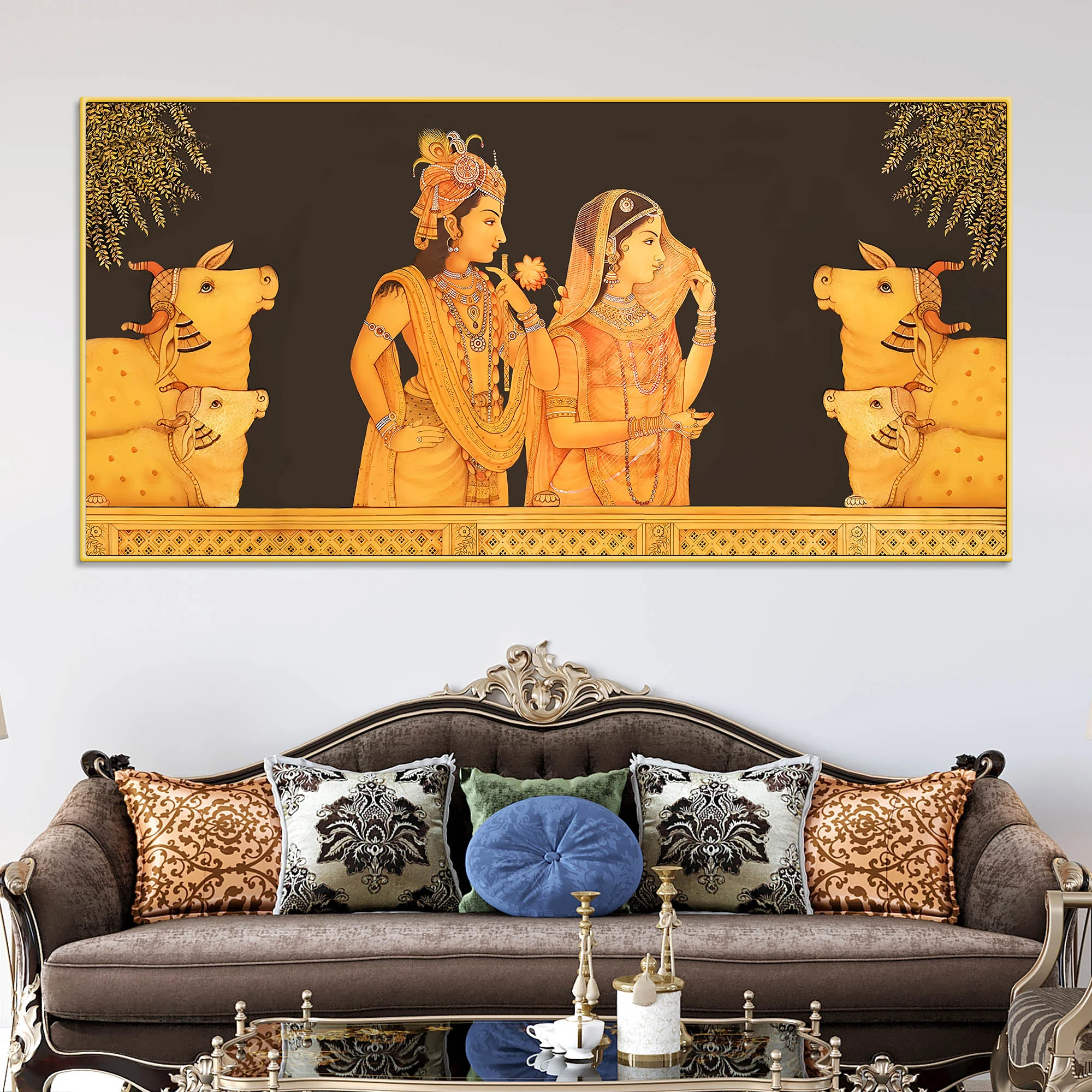 Radha Krishna with Sacred Cows Pichwai Canvas Painting – Spiritual Home Decor - Image 2