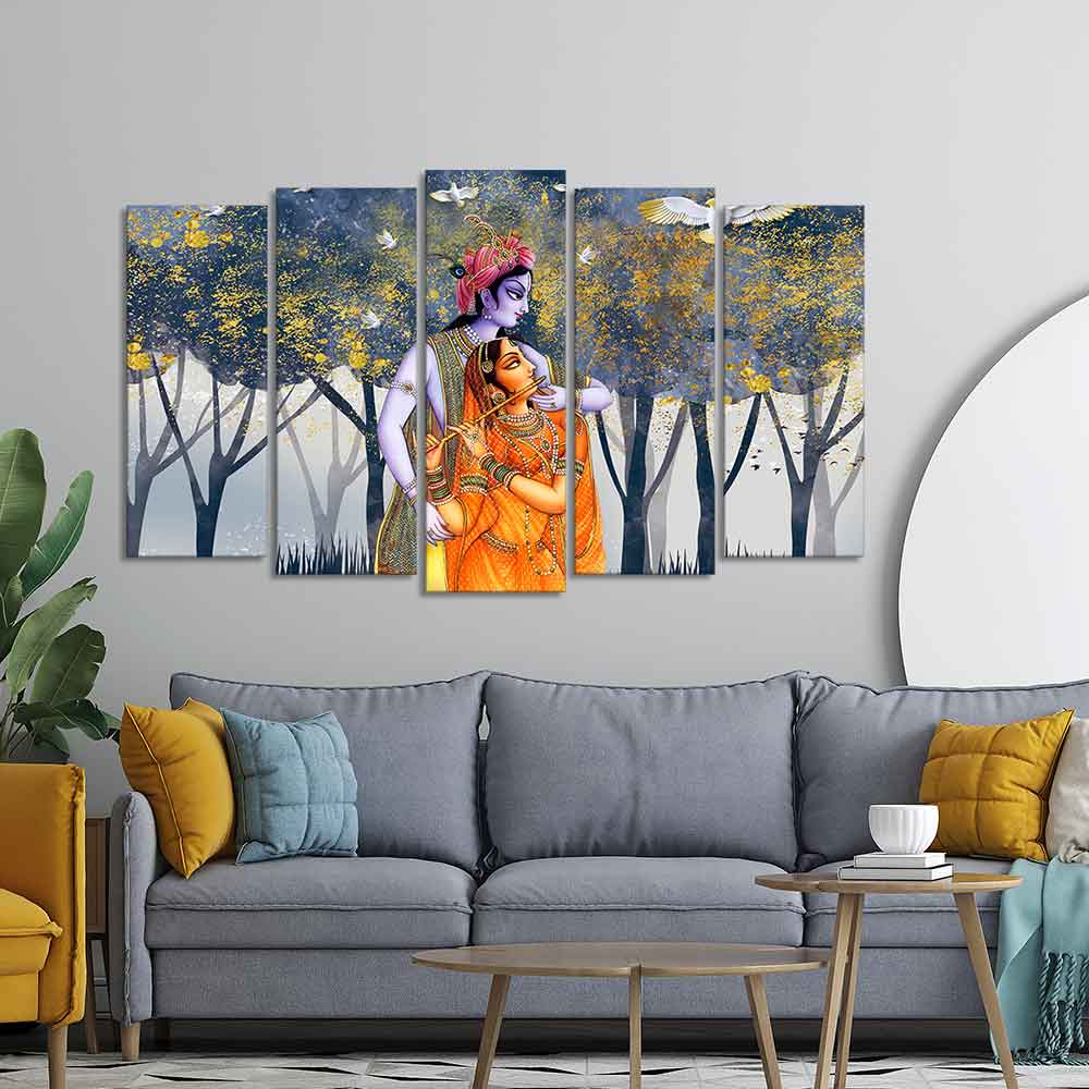 Radhe Krishna Canvas Wall Painting of Five Pieces - Image 2