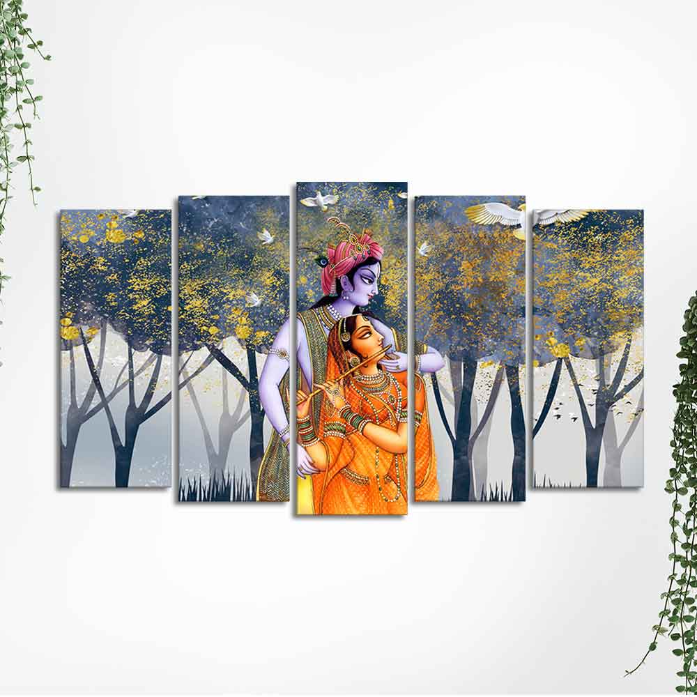 Radhe Krishna Canvas Wall Painting of Five Pieces - Image 4