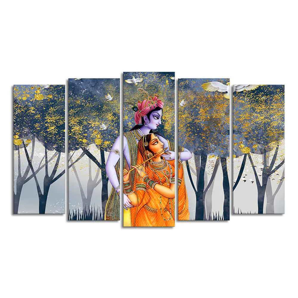 Radhe Krishna Canvas Wall Painting of Five Pieces - Image 5