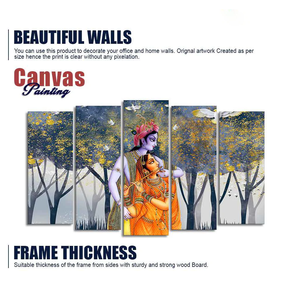 Radhe Krishna Canvas Wall Painting of Five Pieces - Image 6