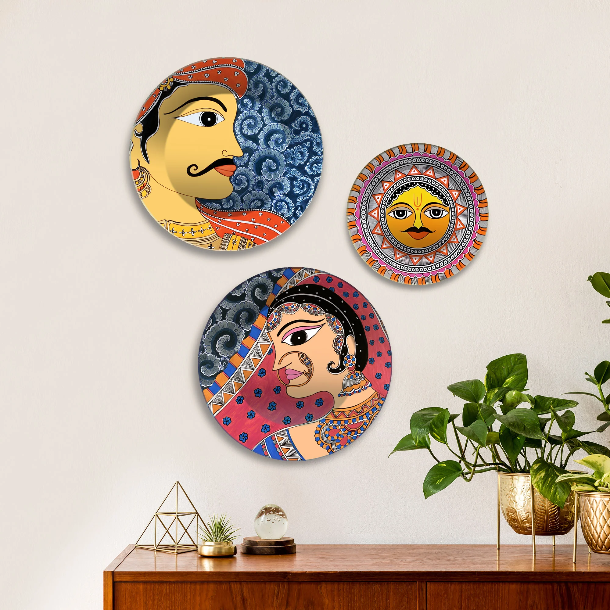 Rajasthani Man Woman & Surya Premium Wall Plates Painting Set of 3 - Image 2