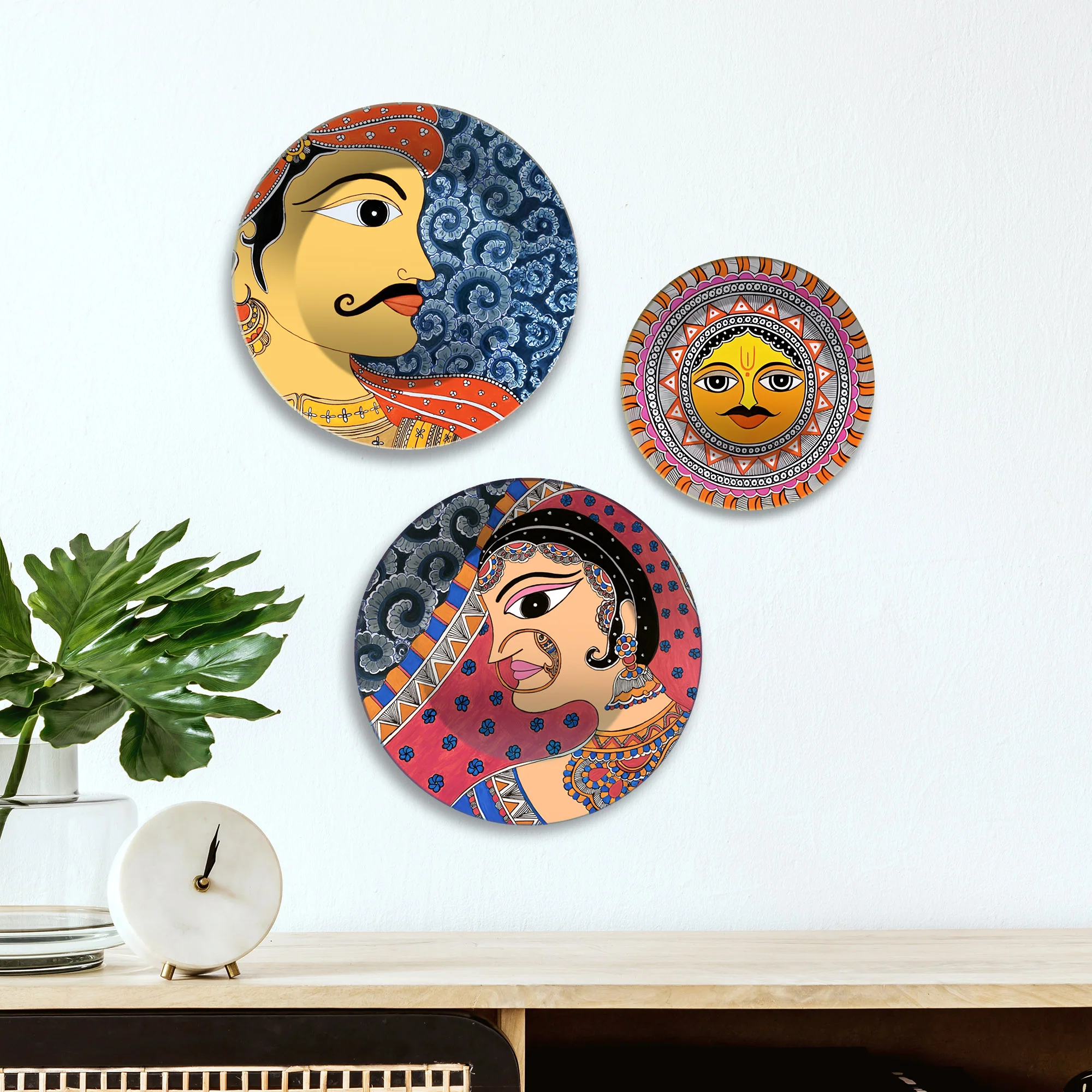Rajasthani Man Woman & Surya Premium Wall Plates Painting Set of 3 - Image 3