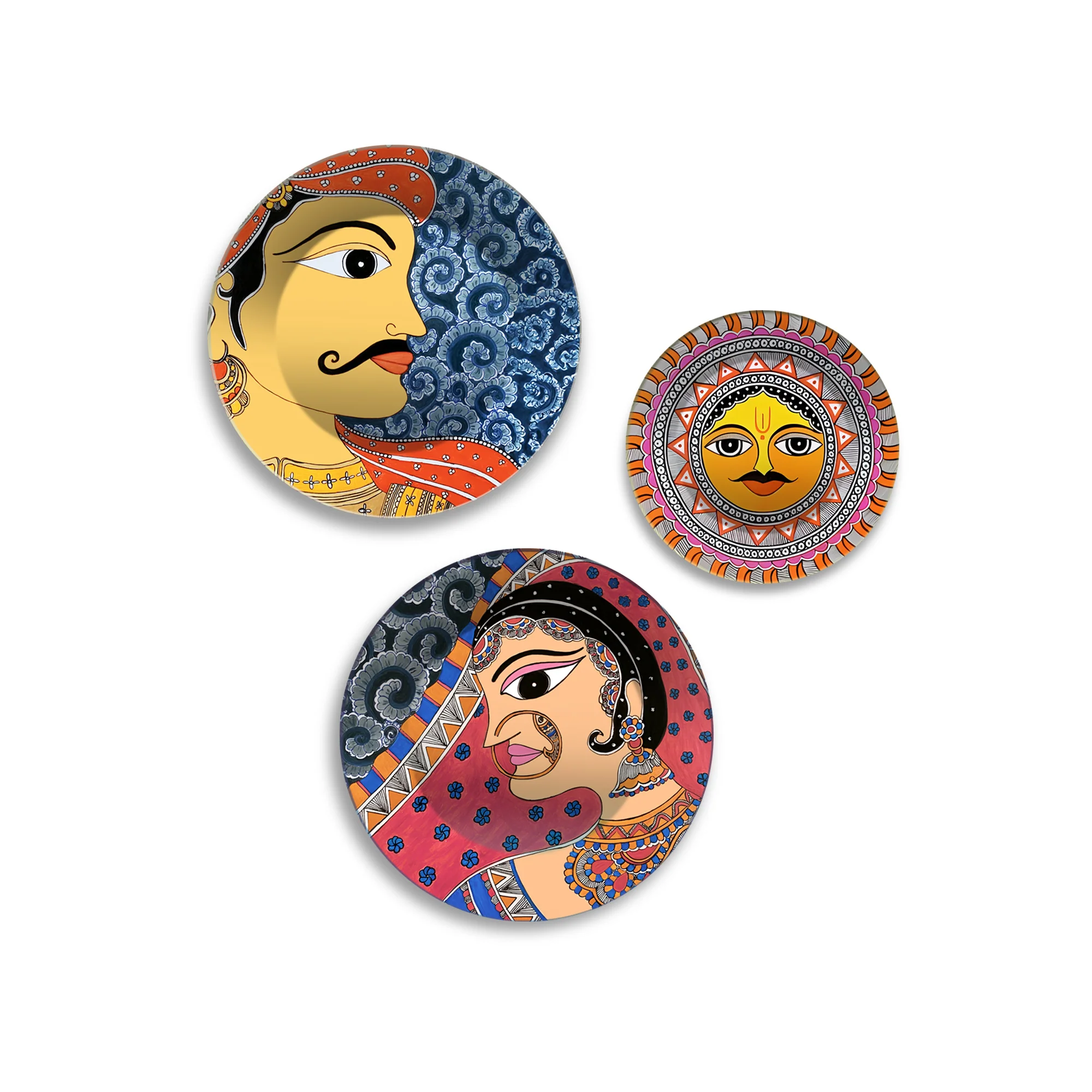 Rajasthani Man Woman & Surya Premium Wall Plates Painting Set of 3 - Image 4