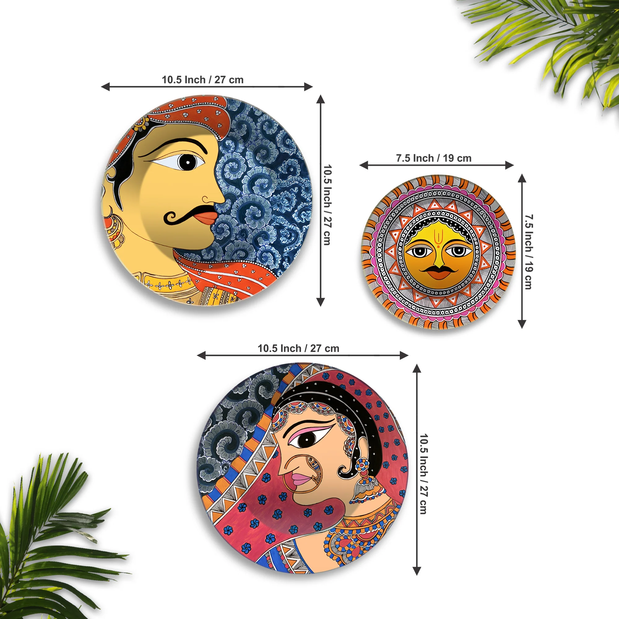 Rajasthani Man Woman & Surya Premium Wall Plates Painting Set of 3 - Image 6