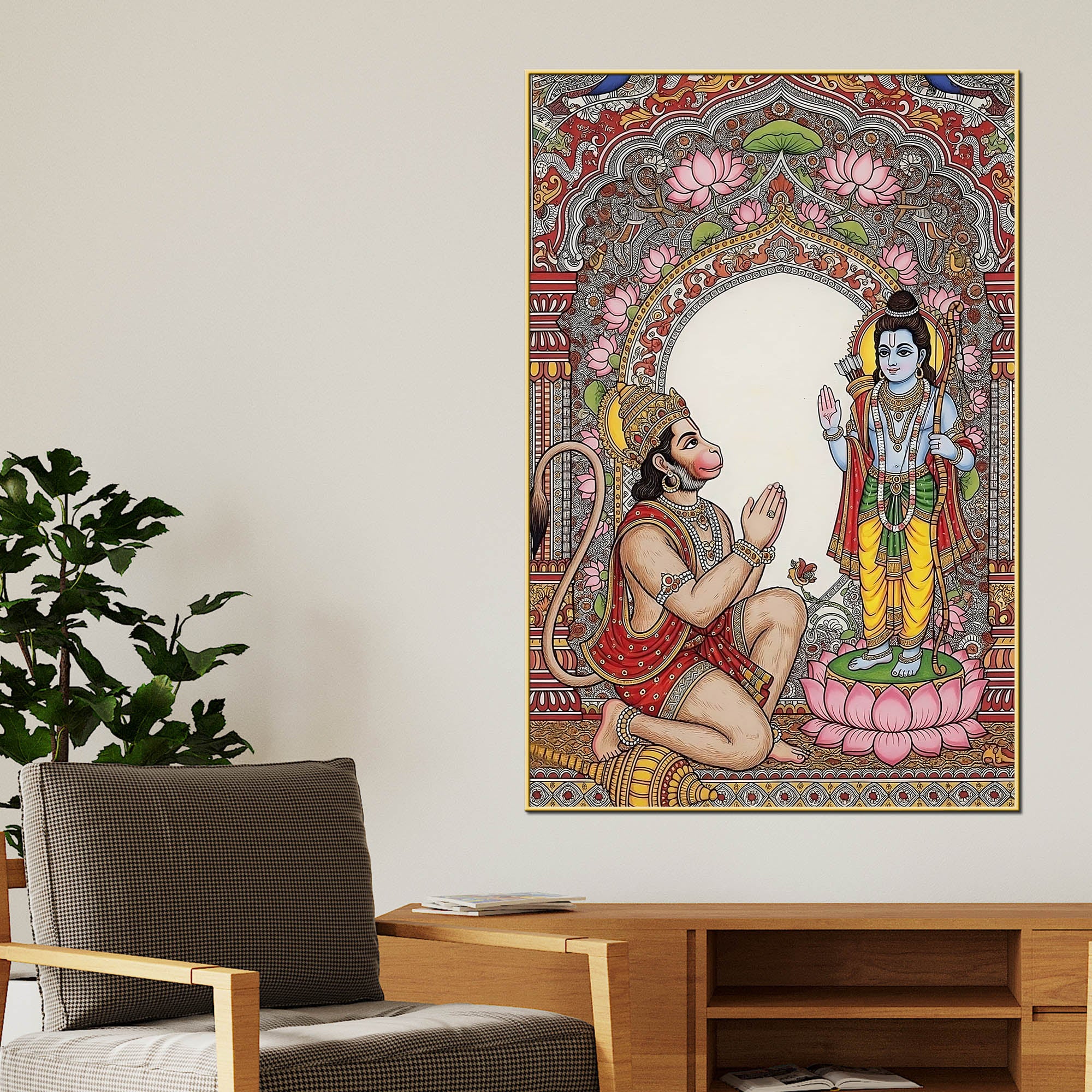 Ram Hanuman Bhakti Religious Canvas Painting for Hindu Wall Decoration