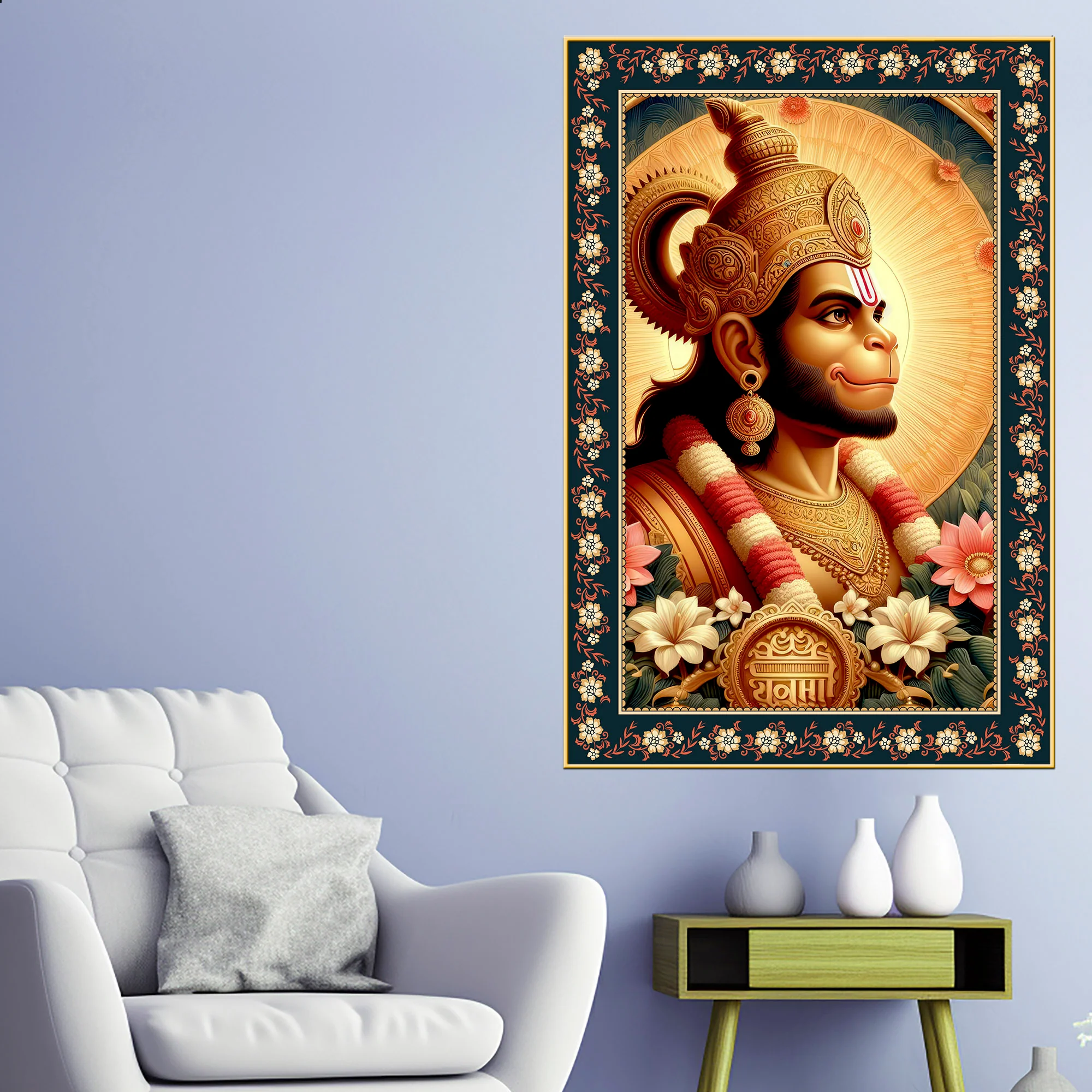 Rama Doota Hanuman Floral Border Vertical Wall Painting - Image 2