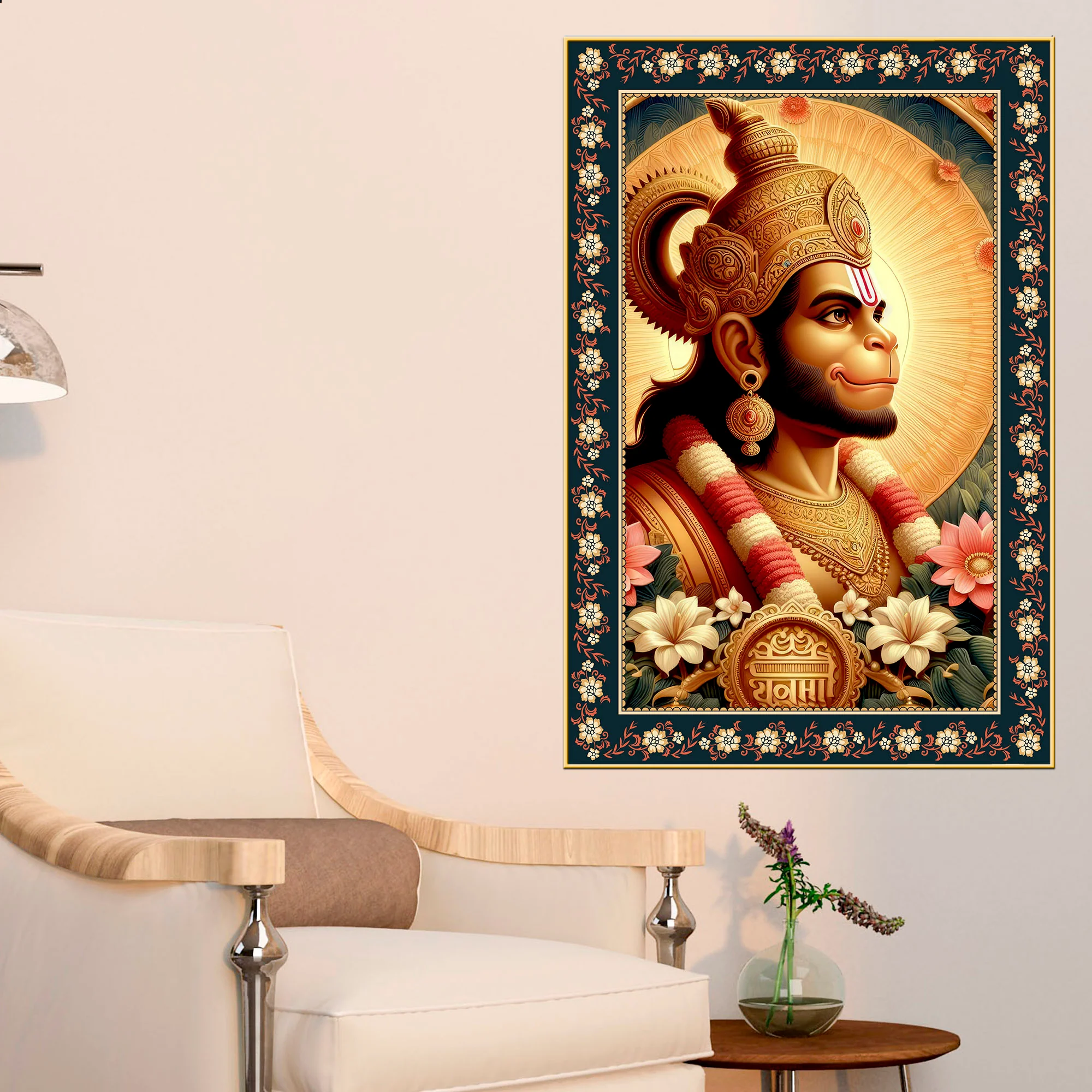 Rama Doota Hanuman Floral Border Vertical Wall Painting - Image 3