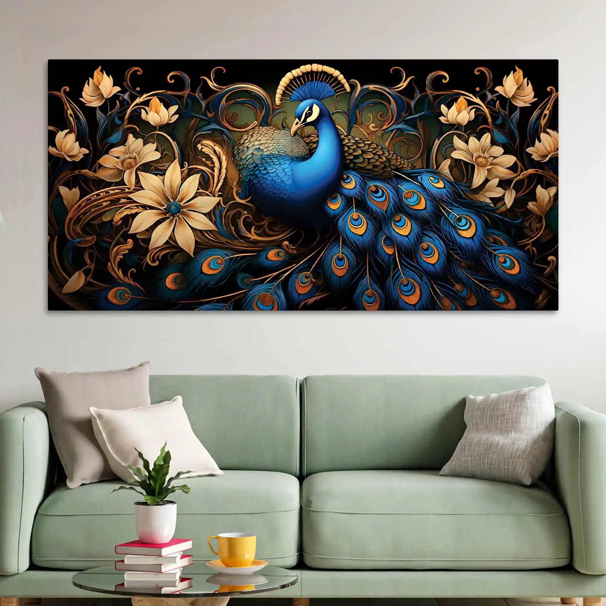 Ravishing Royal Blue Peacock Floral Wall Art Canvas Painting for Home & Office - Image 3
