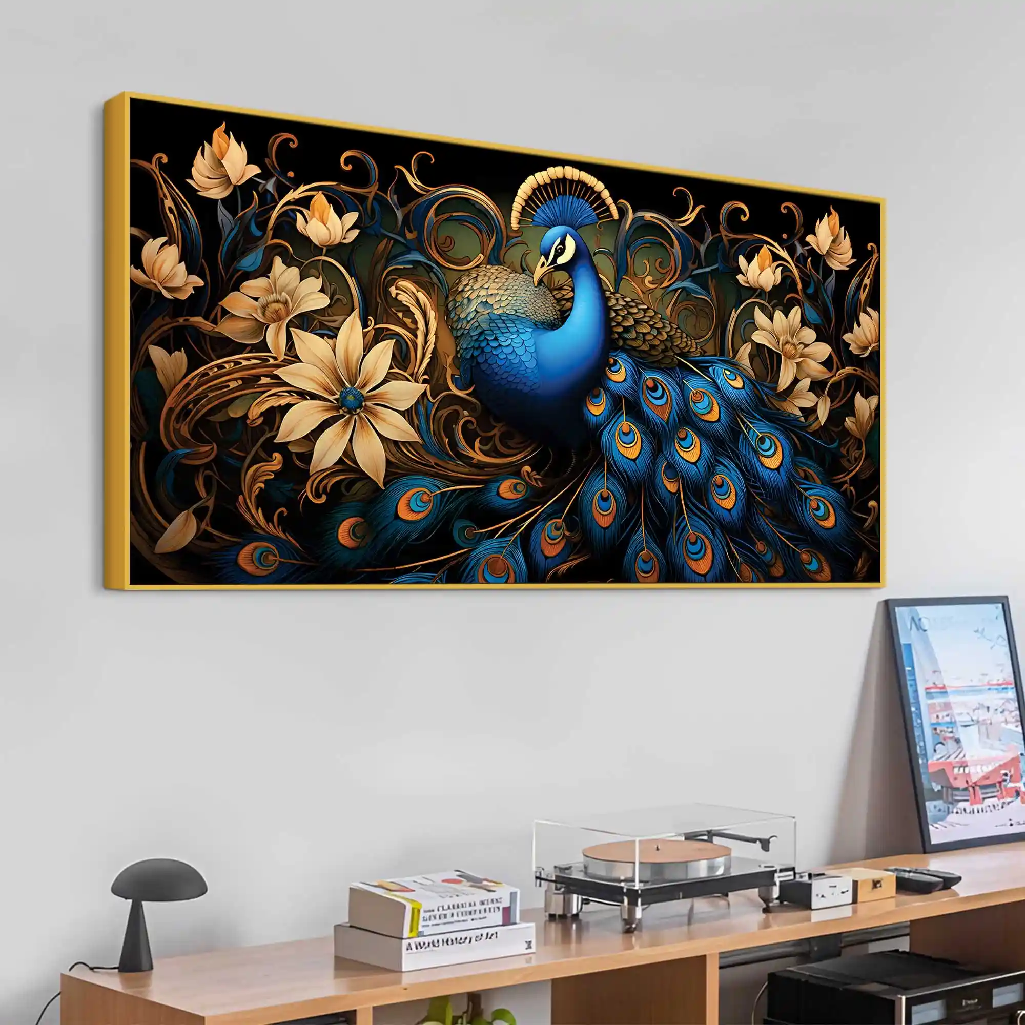 Ravishing Royal Blue Peacock Floral Wall Art Canvas Painting for Home & Office - Image 5