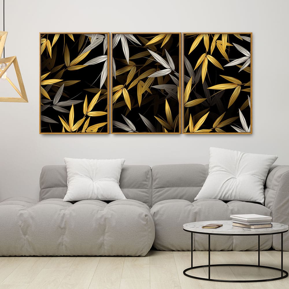 Realistic Golden Bamboo Leaves Canvas Floating Canvas Wall Painting Set of Three - Image 2