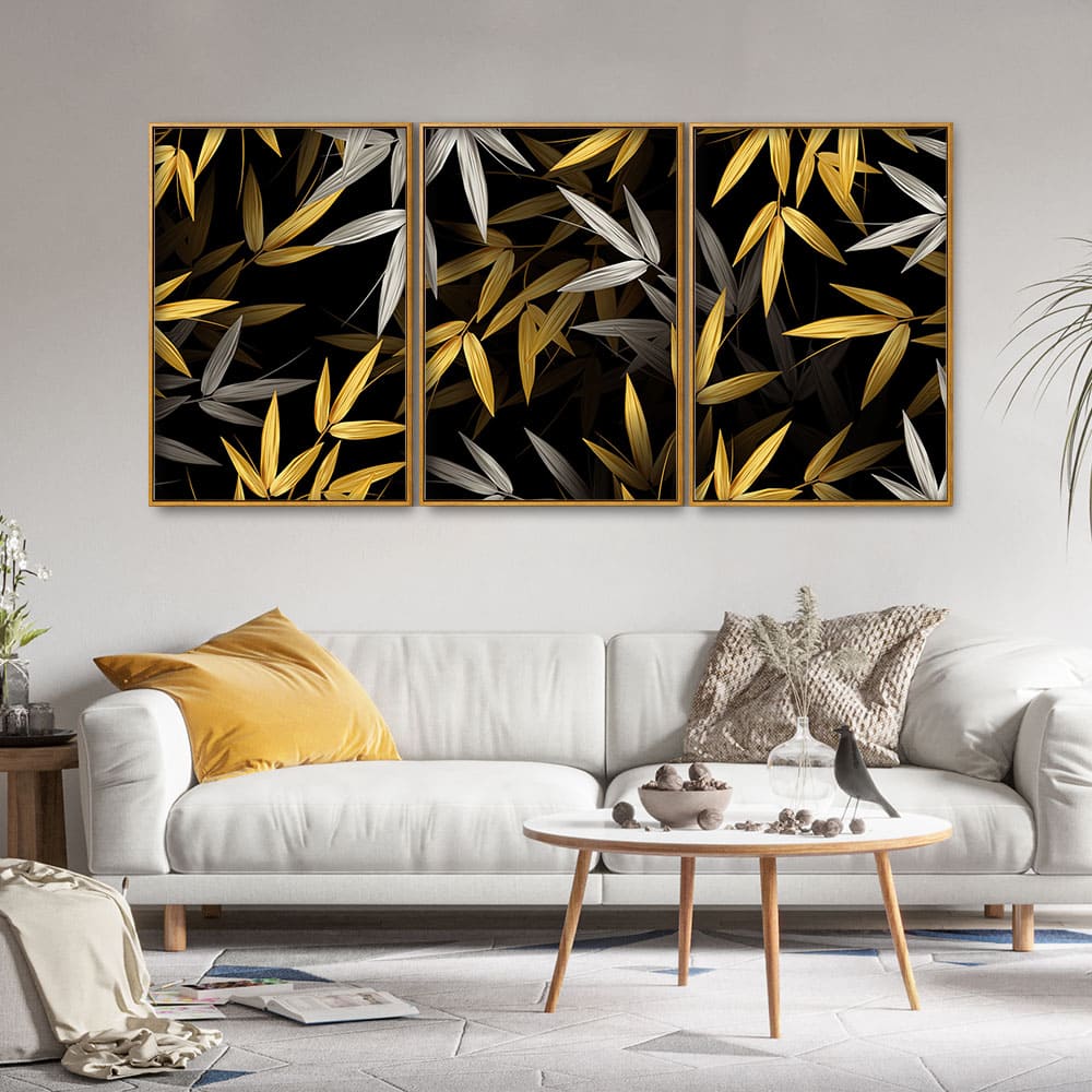 Realistic Golden Bamboo Leaves Canvas Floating Canvas Wall Painting Set of Three - Image 3