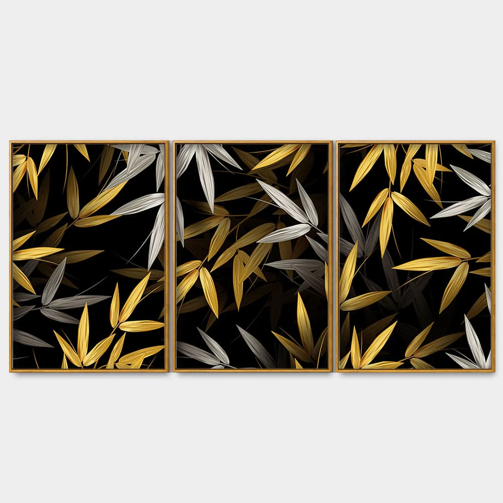 Realistic Golden Bamboo Leaves Canvas Floating Canvas Wall Painting Set of Three - Image 4