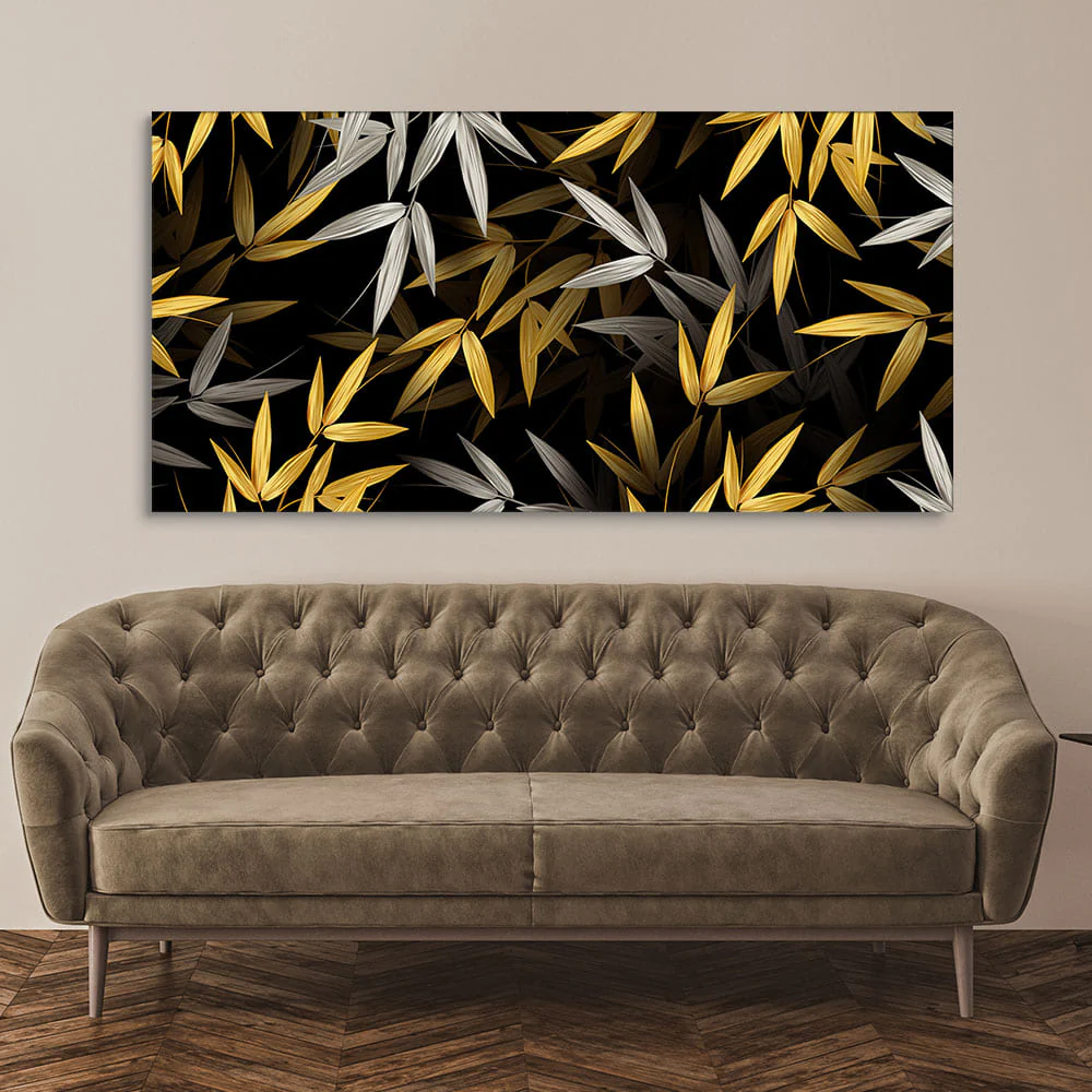 Realistic Golden Bamboo Leaves Canvas Wall Painting - Image 2