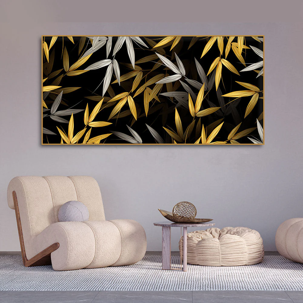Realistic Golden Bamboo Leaves Canvas Wall Painting - Image 3