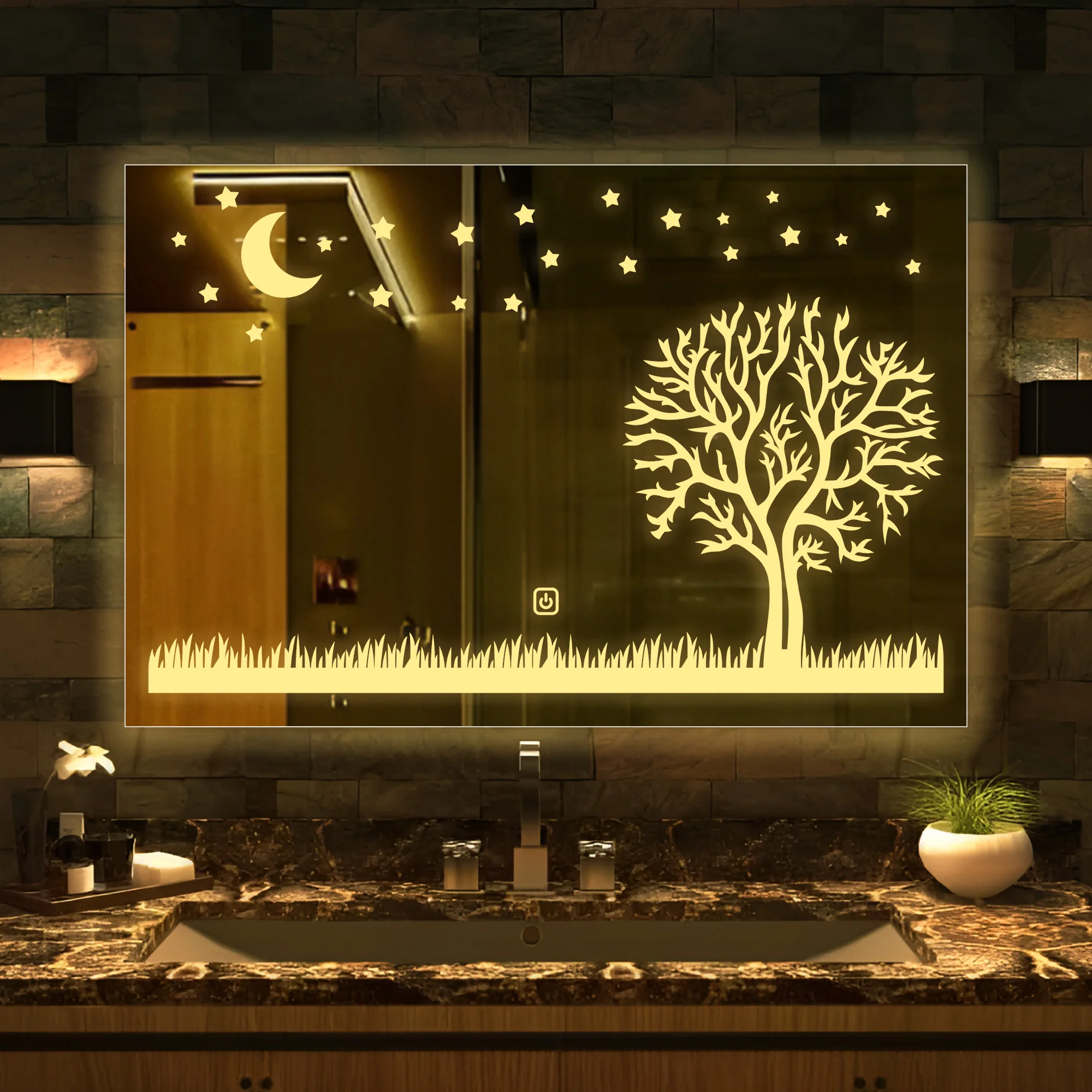 Rectangular Beautiful Moon Night Theme Based LED Bathroom Wall Mirror - Image 2