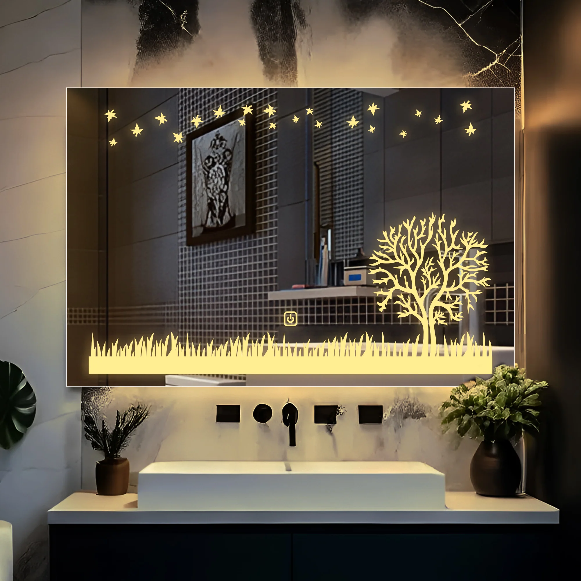 Rectangular Beautiful Theme Based Tree LED Bathroom Wall Mirror - Image 2
