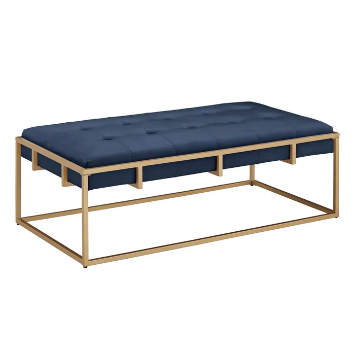 Rectangular Shaped Blue Velvet Ottoman with Golden Metal Finish - Image 3