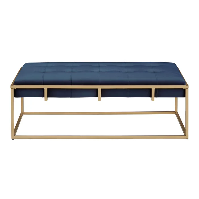 Rectangular Shaped Blue Velvet Ottoman with Golden Metal Finish - Image 5