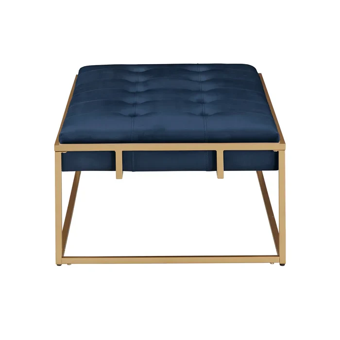 Rectangular Shaped Blue Velvet Ottoman with Golden Metal Finish - Image 6