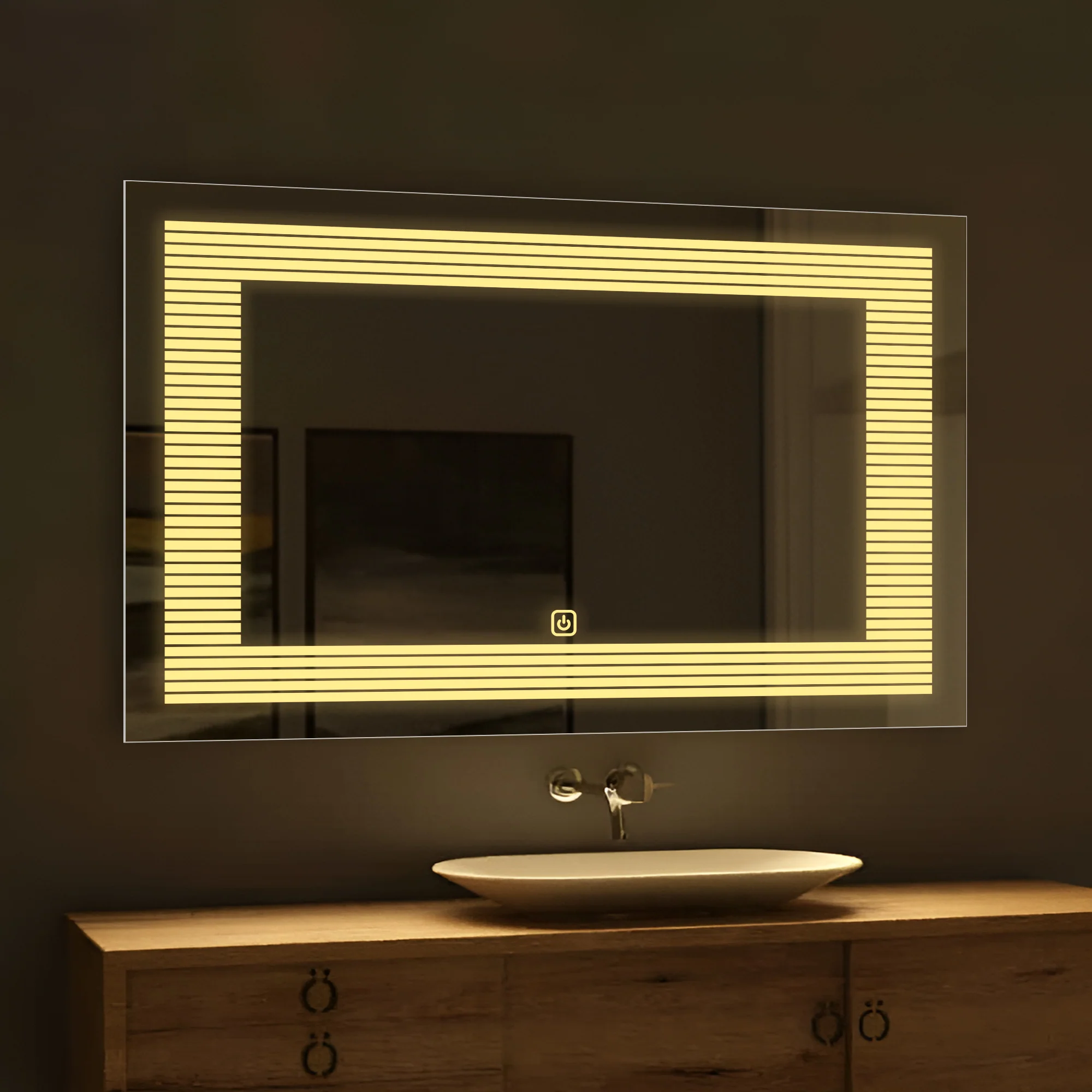 Rectangular Shaped Line Art Pattern LED Bathroom Wall Mirror - Image 3