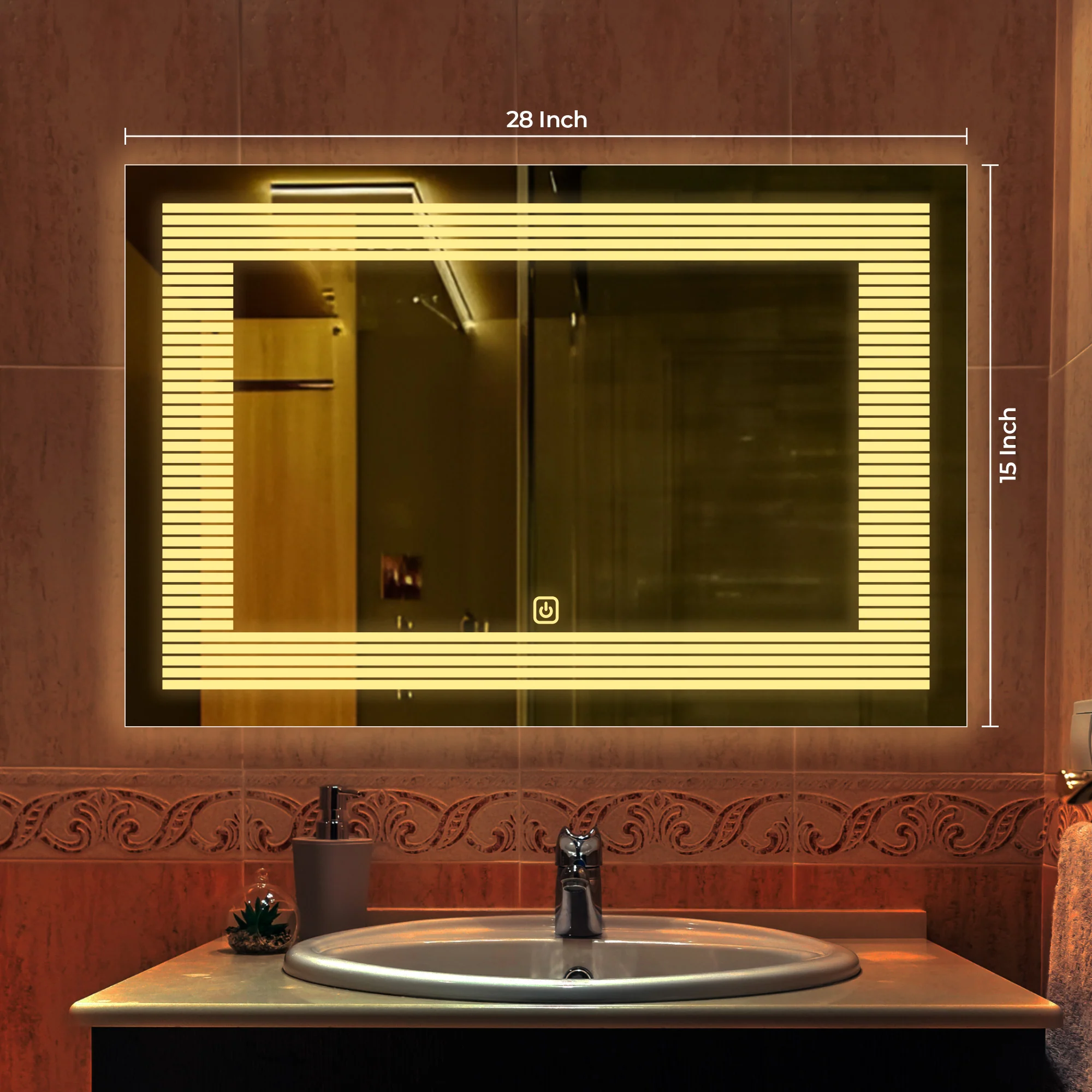 Rectangular Shaped Line Art Pattern LED Bathroom Wall Mirror - Image 4