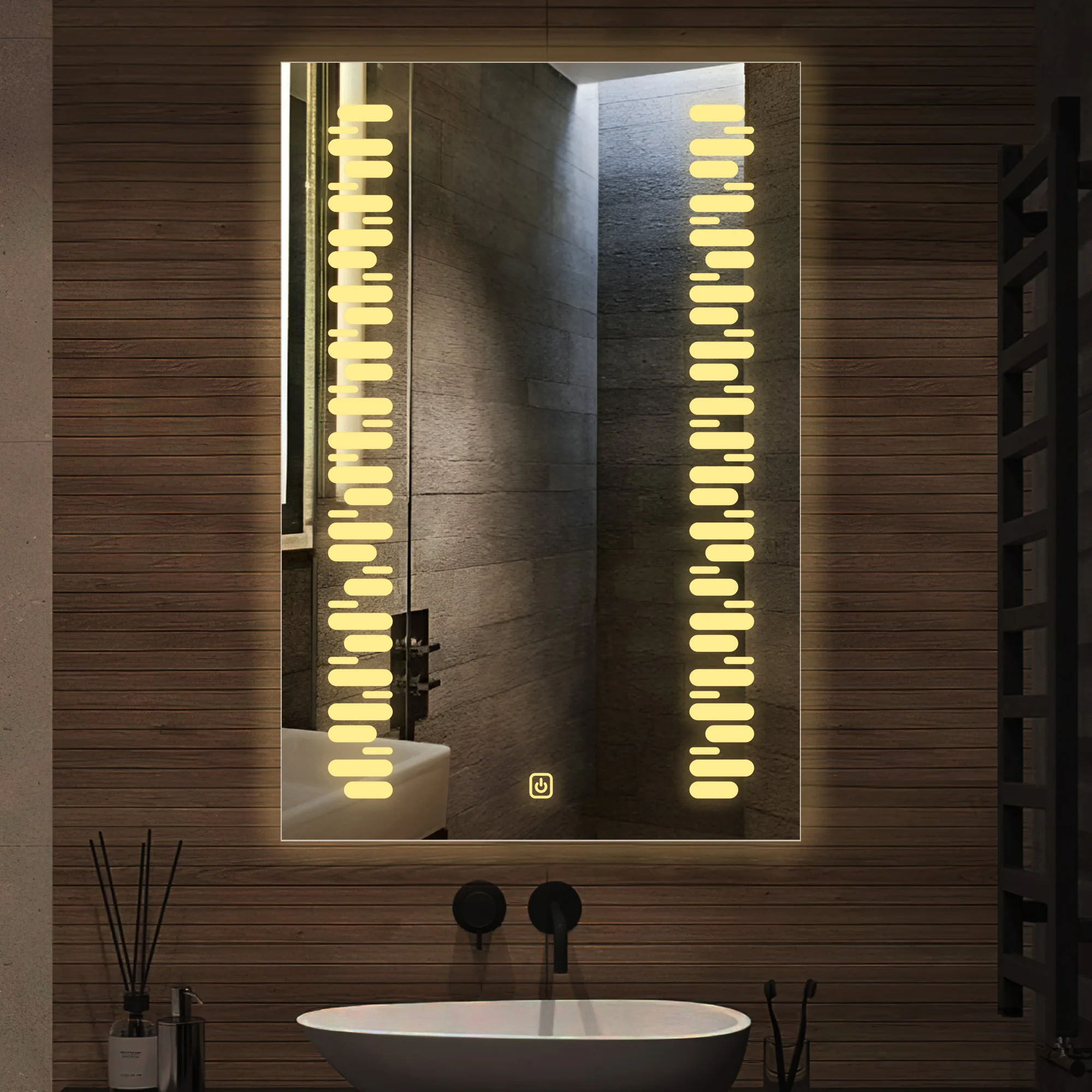 Rectangular Shaped Minimalistic Textured Art LED Bathroom Wall Mirror - Image 2