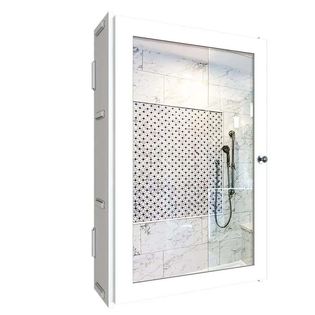 Rectangular Structured Wooden Bathroom Cabinet Mirror with 3 Spacious Shelves White Finish - Image 5