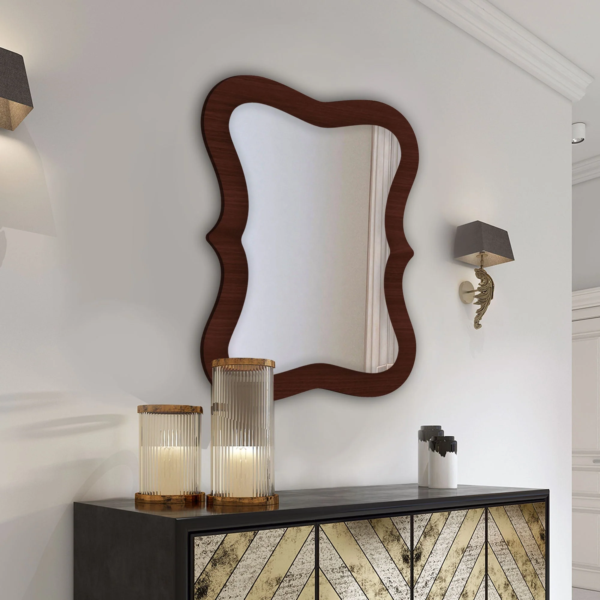Rectangular Wavy Shaped Wooden Wall Mirror - Image 2