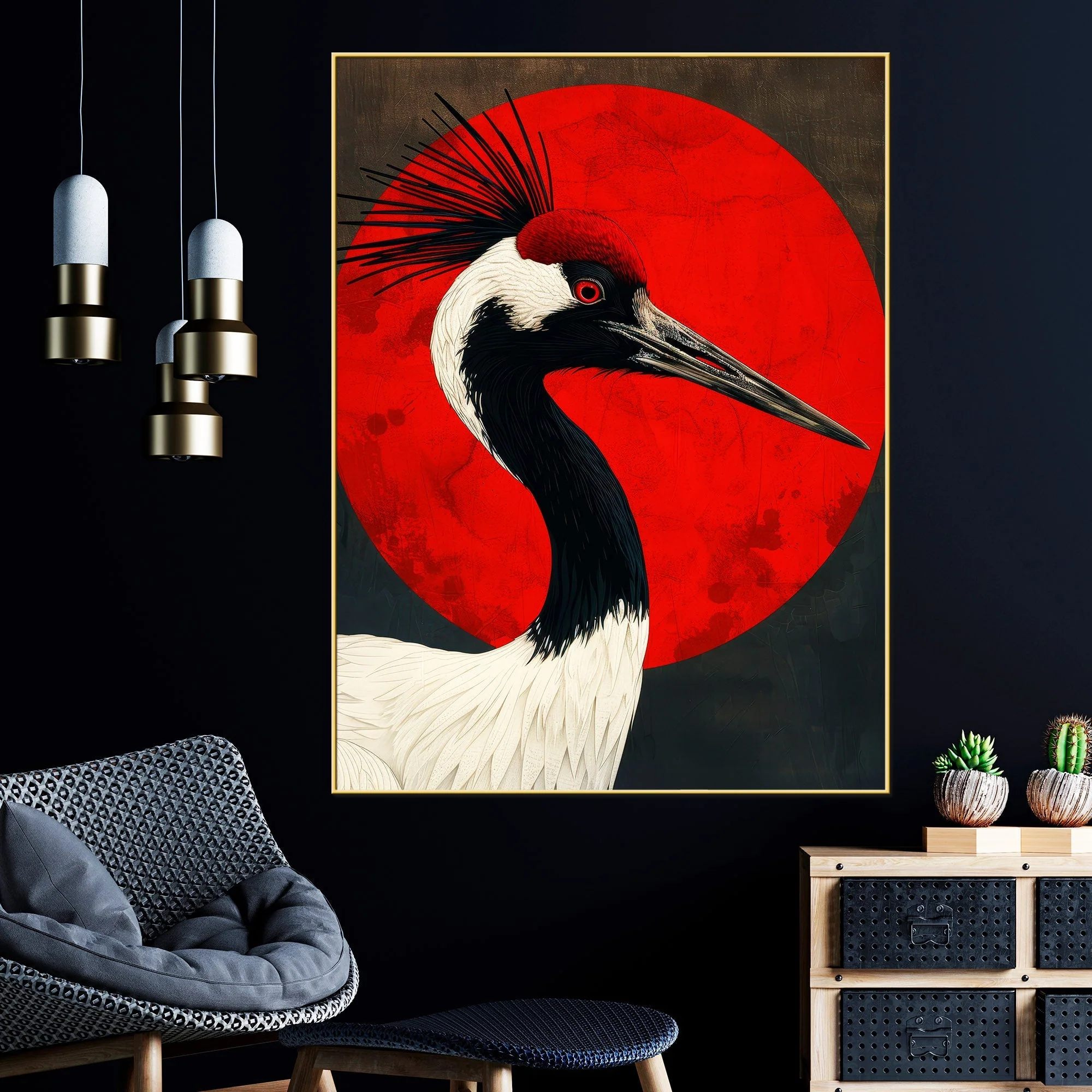 Red Crowned Crane Cotton Canvas Wall Painting - Image 3